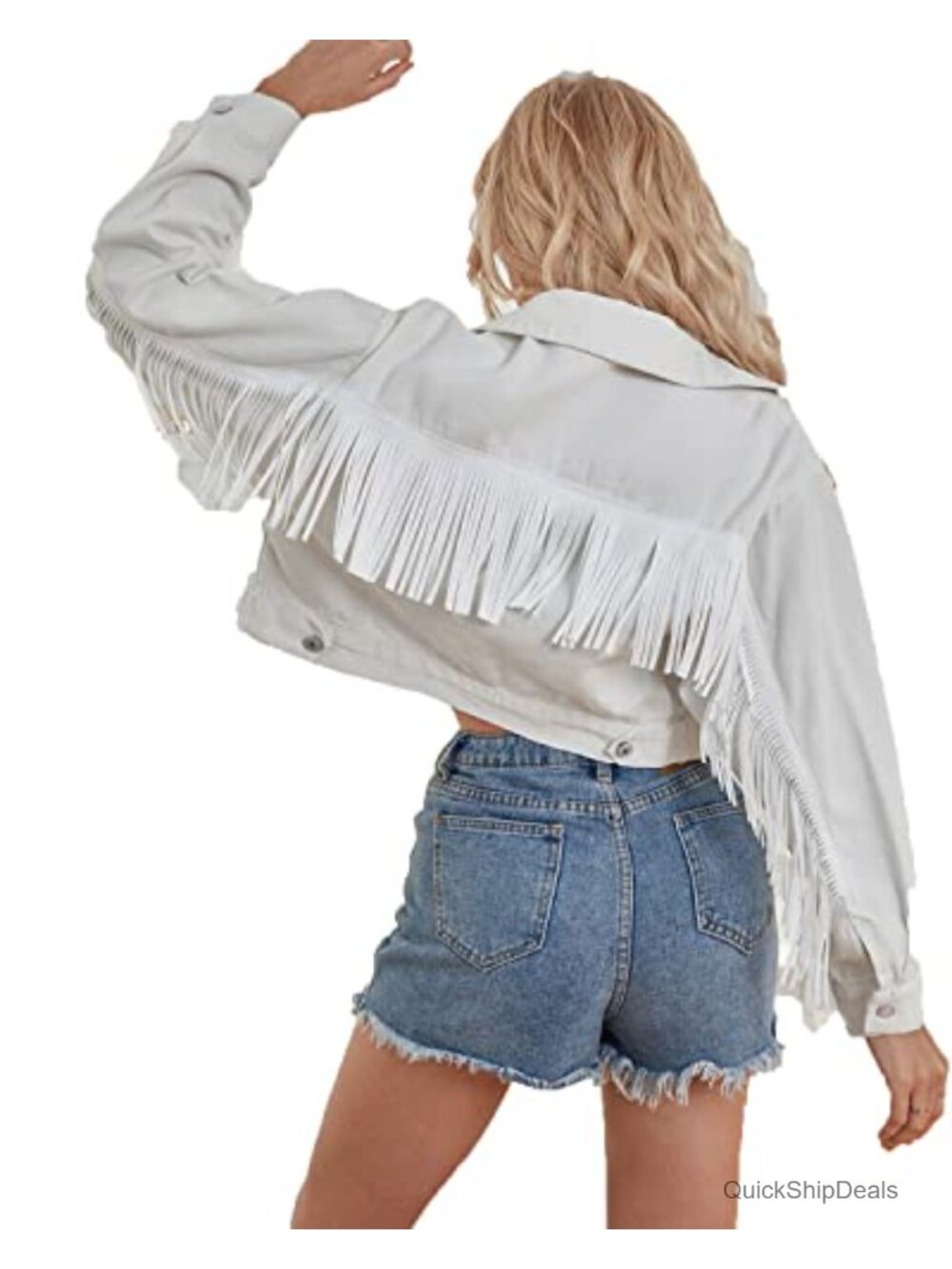 Women's Cropped Fringe Denim Jacket Loose Fit Button Jean Coat
